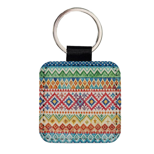Fair Isle Knitting Sweater Square Faux Leather Keychain