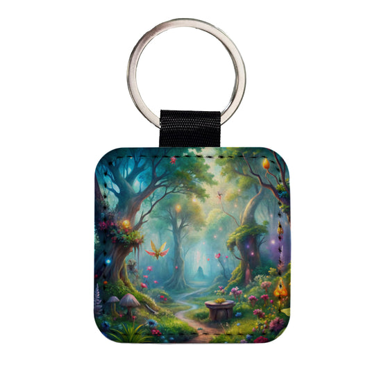 Fairy Forest Fantasy Watercolor Beautiful Square Faux Leather Keychain