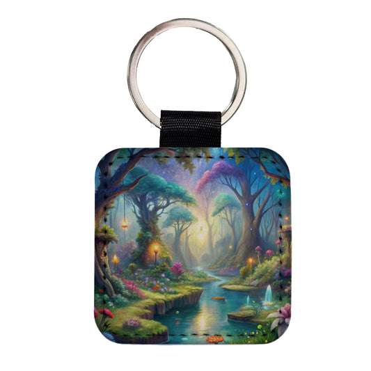 Fairy Forest Trees Fantasy Watercolor Design Square Faux Leather Keychain