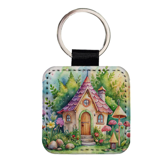 Fairy House Watercolor Adorable Square Faux Leather Keychain