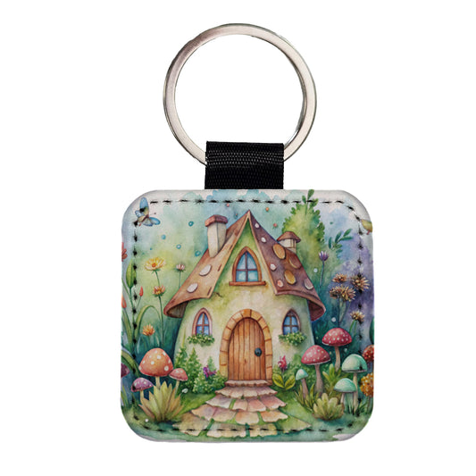 Fairy House Watercolor Square Faux Leather Keychain