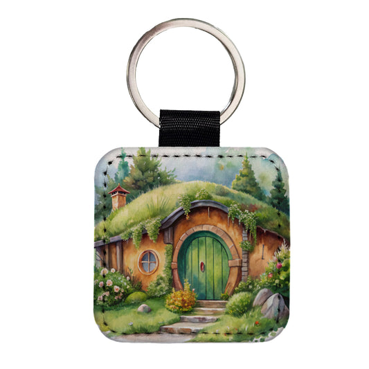 Fantasy House Grass Roof Watercolor Design Square Faux Leather Keychain