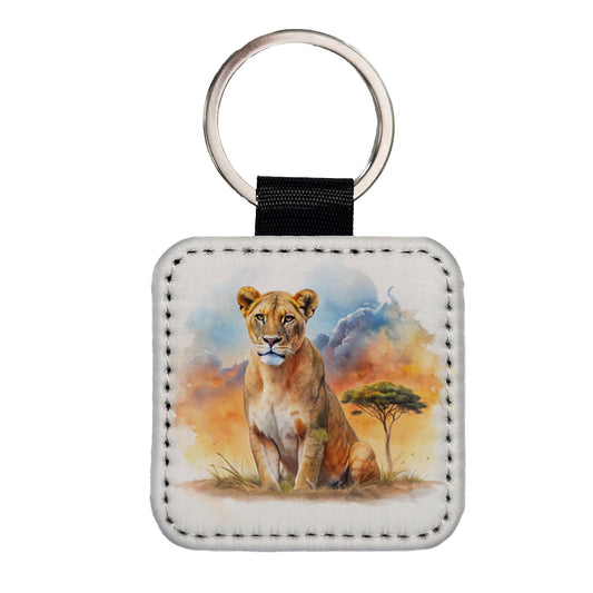Female Lion African Plain Watercolor Design Square Faux Leather Keychain