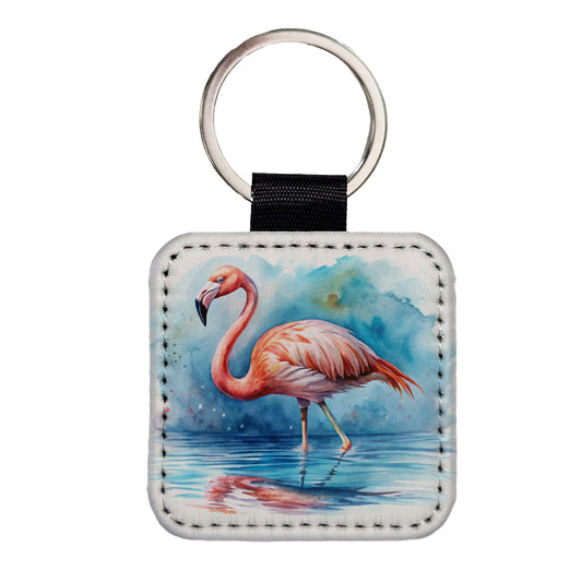 Flamingo Bird In Water Watercolor Square Faux Leather Keychain