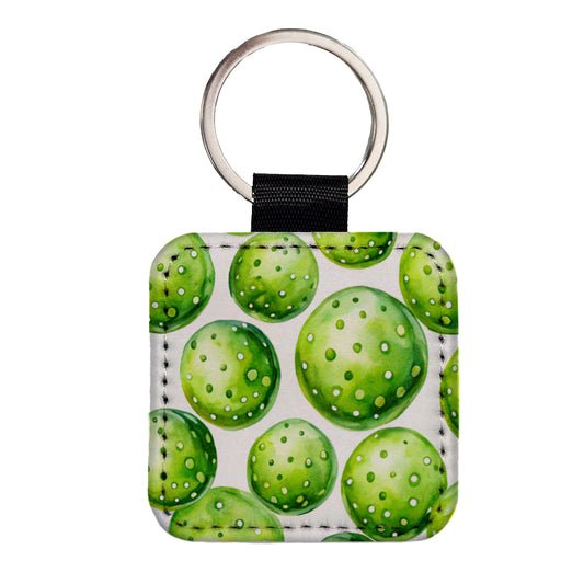 Fluorescent Green Pickleballs Square Faux Leather Keychain