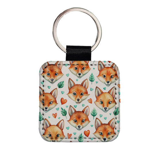 Fox Faces Hearts Watercolor Square Faux Leather Keychain