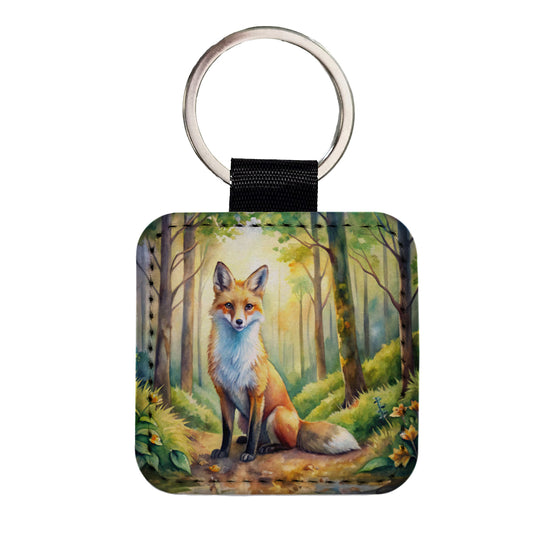 Fox Sitting In Forest Watercolor Square Faux Leather Keychain