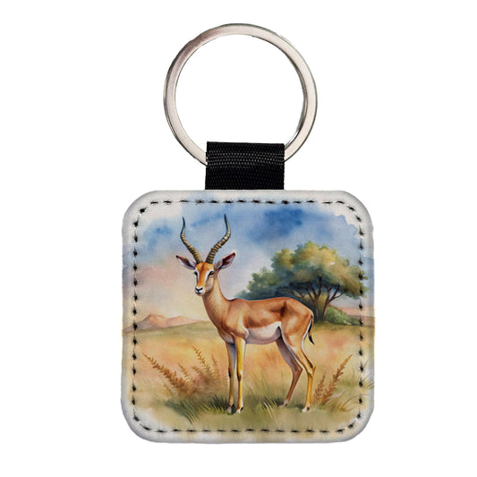 Gazelle African Plain Watercolor Design Square Faux Leather Keychain