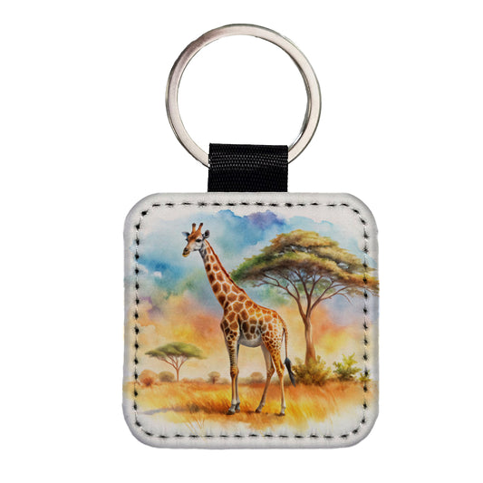 Giraffe African Plain Watercolor Design Square Faux Leather Keychain