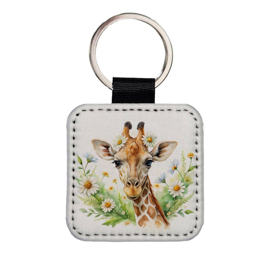 Giraffe Watercolor Design With Daisies Square Faux Leather Keychain