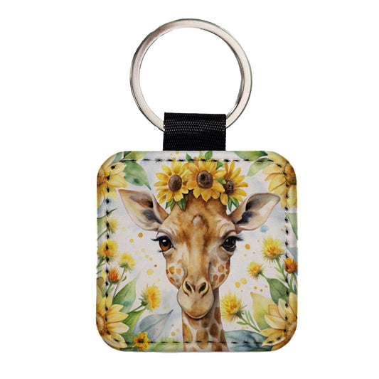Giraffe Watercolor Design With Sunflowers Square Faux Leather Keychain