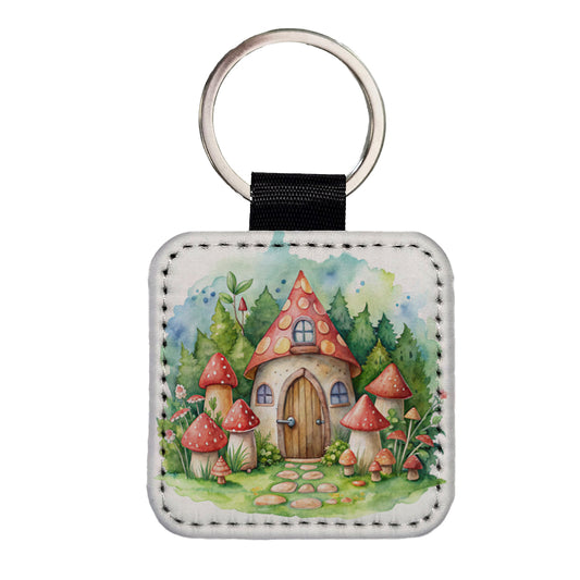 Gnome House Red Roof Watercolor Cute Square Faux Leather Keychain