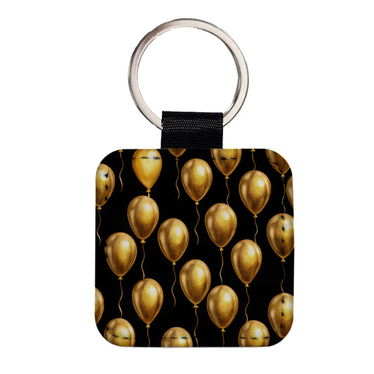 Gold Balloons Black Background Birthday Anniversary Square Faux Leather Keychain