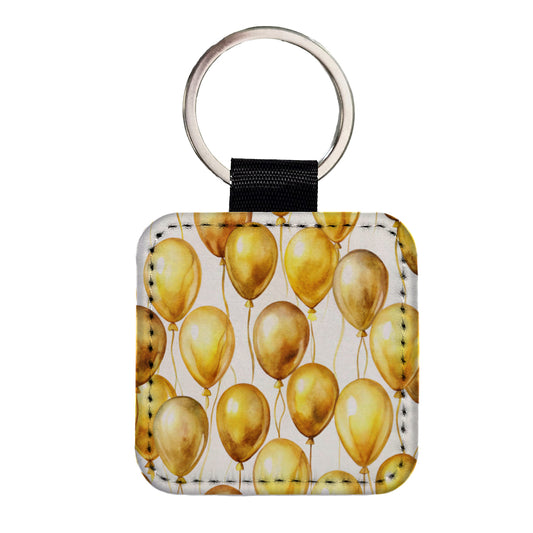 Gold Balloons Watercolor Birthday Anniversary Square Faux Leather Keychain