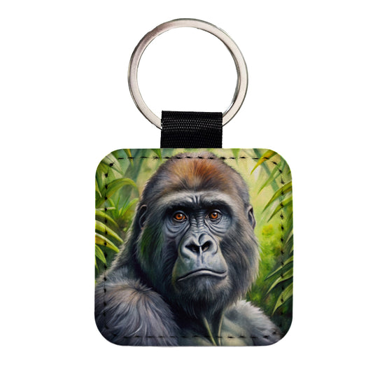 Gorilla In Rainforest Watercolor Square Faux Leather Keychain
