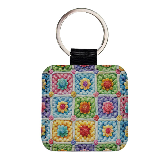 Granny Square Crochet Crocheting Pattern Watercolor Square Faux Leather Keychain