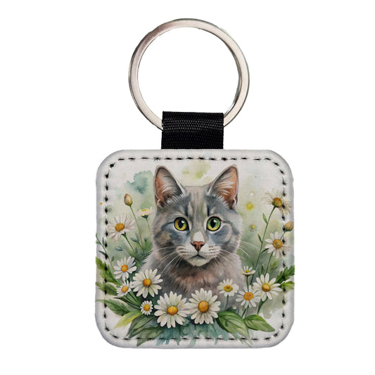 Gray Cat Watercolor Design With Daisies Square Faux Leather Keychain