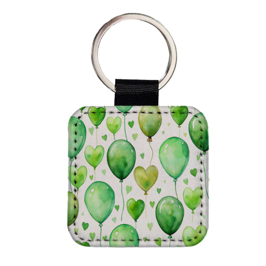 Green Balloons Hearts Watercolor Birthday Square Faux Leather Keychain