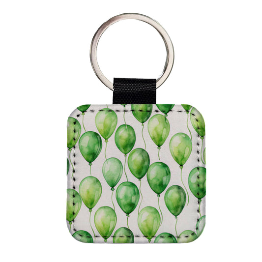 Green Balloons Watercolor Birthday Square Faux Leather Keychain