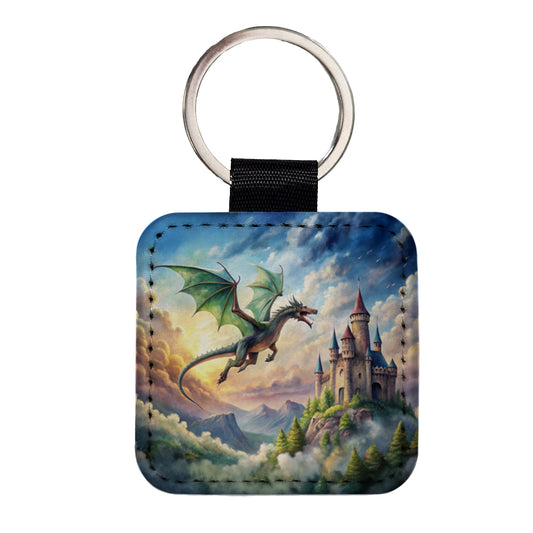 Green Dragon Flying Over Castle Watercolor Fantasy Square Faux Leather Keychain