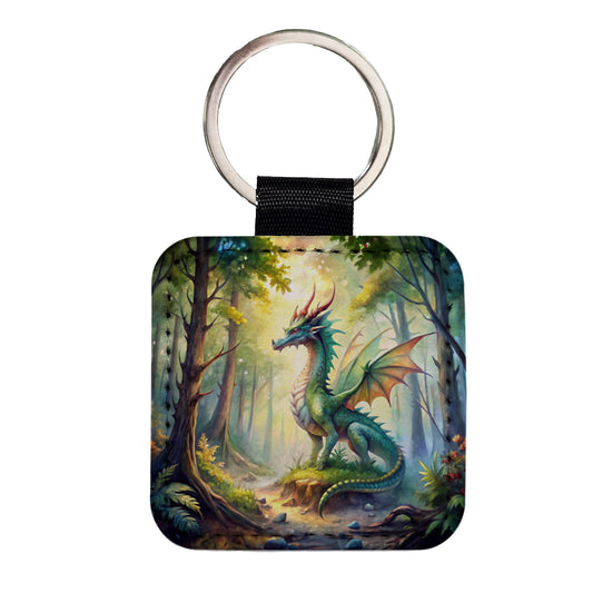 Green Dragon In Forest Watercolor Fantasy Square Faux Leather Keychain