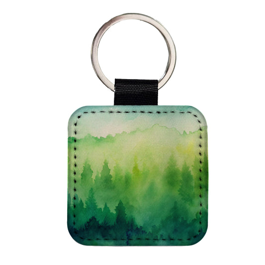 Green Forest Ombre Watercolor Square Faux Leather Keychain
