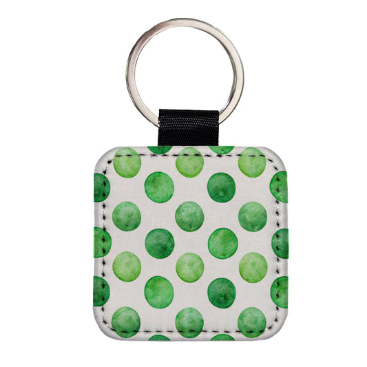 Green Polka Dots White Background Square Faux Leather Keychain