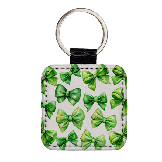 Green Scattered Coquette Bows Watercolor Square Faux Leather Keychain