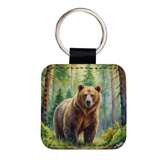 Grizzly Bear In Forest Watercolor Square Faux Leather Keychain