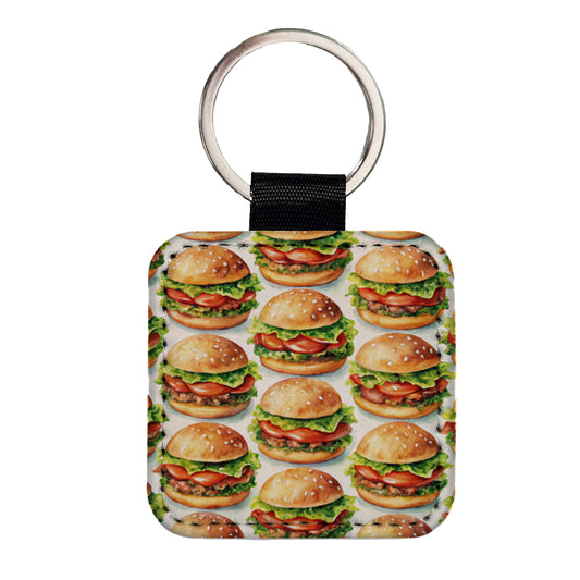 Hamburgers Watercolor Square Faux Leather Keychain