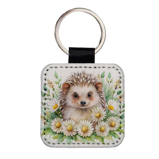 Hedgehog Watercolor Design With Daisies Square Faux Leather Keychain
