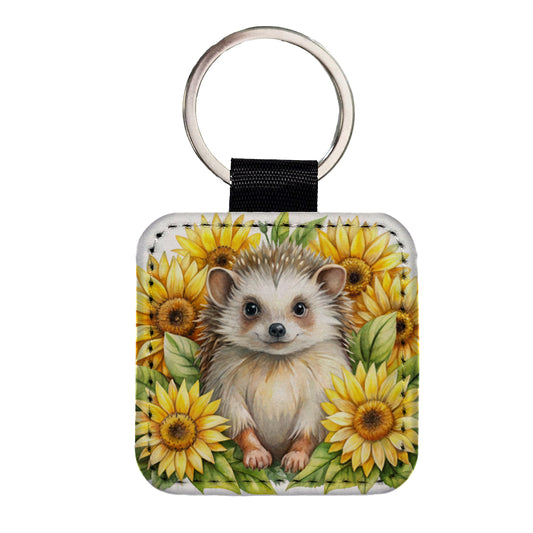 Hedgehog Watercolor Design With Sunflowers Square Faux Leather Keychain