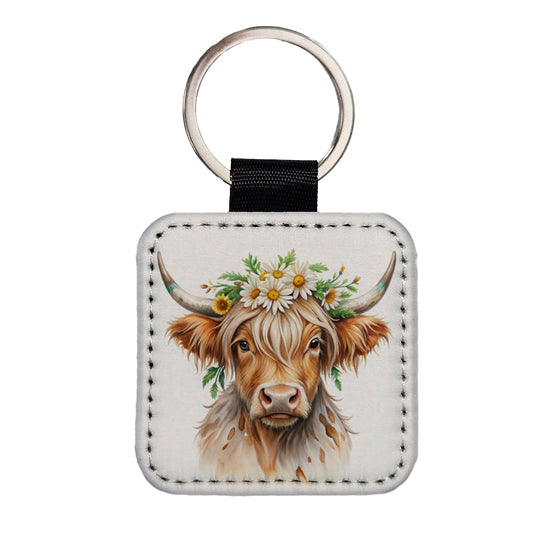Highland Cow Watercolor Design With Daisies Square Faux Leather Keychain