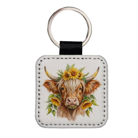 Highland Cow Watercolor Design With Sunflowers Square Faux Leather Keychain