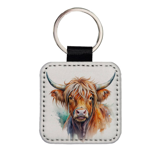 Highland Cow Watercolor Design Square Faux Leather Keychain