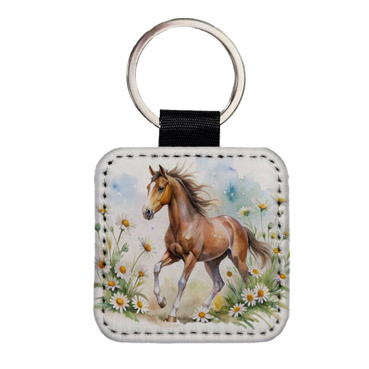 Horse Watercolor Design With Daisies Square Faux Leather Keychain