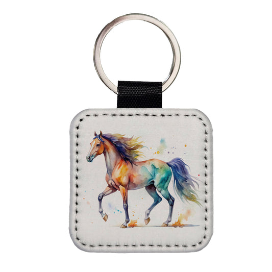 Horse Watercolor Design Square Faux Leather Keychain