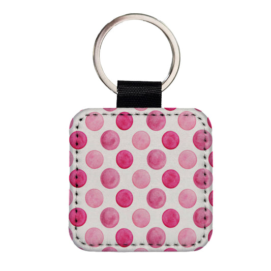 Hot Pink Polka Dots White Background Square Faux Leather Keychain