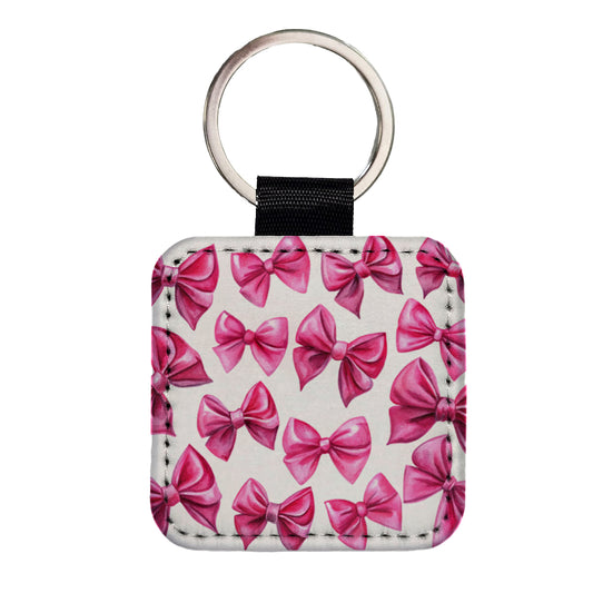 Hot Pink Scattered Coquette Bows Watercolor Square Faux Leather Keychain