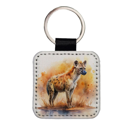 Hyena African Plain Watercolor Design Square Faux Leather Keychain
