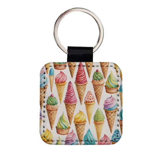 Ice Cream Cones Colorful Square Faux Leather Keychain