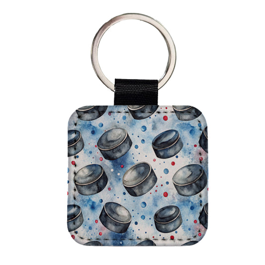 Ice Hockey Pucks Watercolor Square Faux Leather Keychain