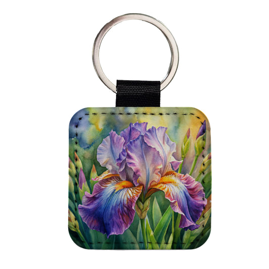 Iris Purple Flowers Watercolor Square Faux Leather Keychain