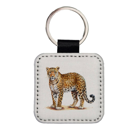 Leopard Print Watercolor Square Faux Leather Keychain