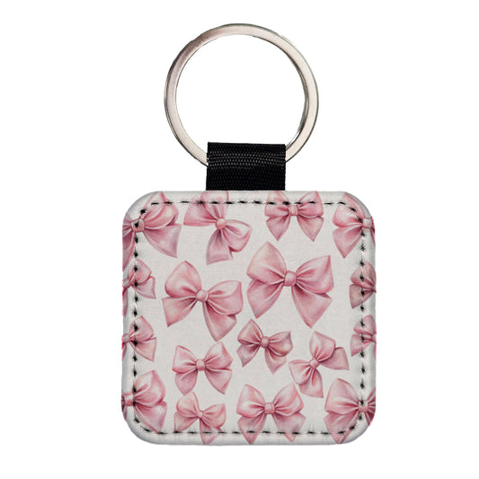 Light Pink Scattered Coquette Bows Watercolor Square Faux Leather Keychain