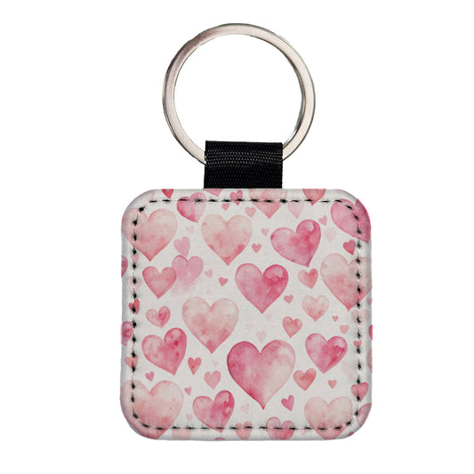 Light Pink Scattered Hearts Watercolor Square Faux Leather Keychain