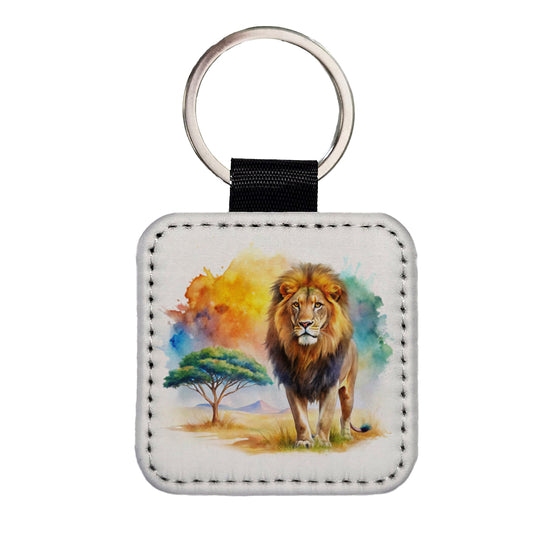 Lion African Plain Beautiful Watercolor Square Faux Leather Keychain