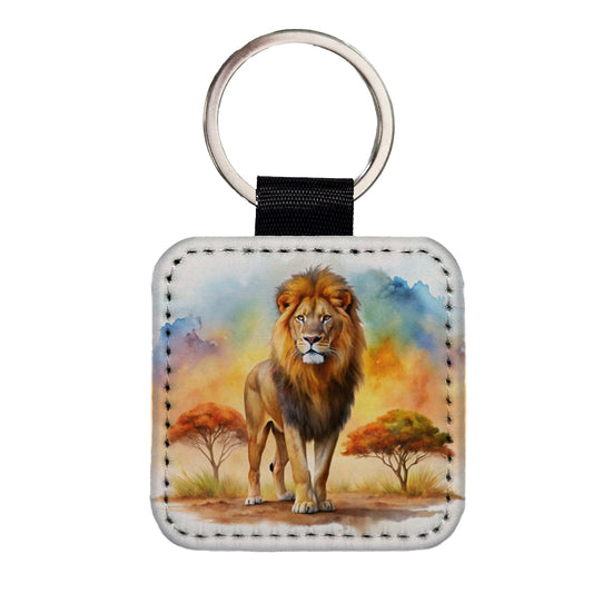 Lion African Plain Watercolor Square Faux Leather Keychain