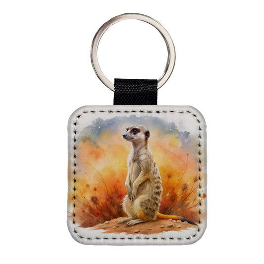 Meerkat African Plain Beautiful Watercolor Square Faux Leather Keychain