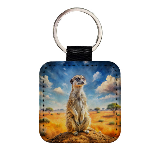 Meerkat African Plain Watercolor Design Square Faux Leather Keychain